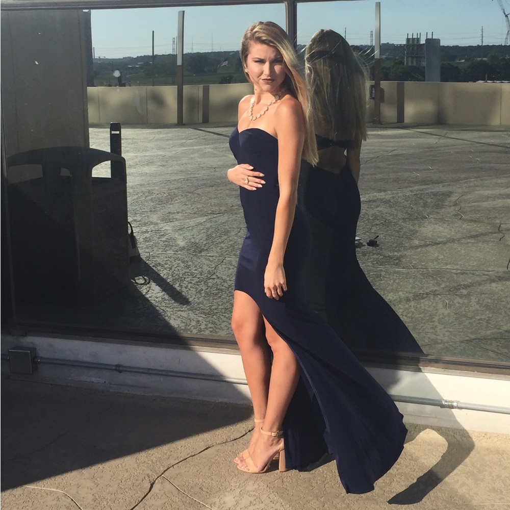 La Femme Navy High-Low Strapless Open Back Gown - Picture 2 of 5